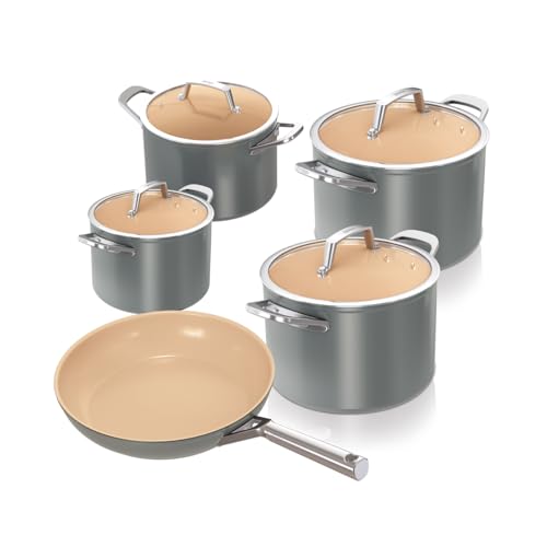 Ninja Extended Life Keramic Kochset 5-teilig (20 & 24 cm Sauteuse + 16, 18 & 20 cm Töpfe & Deckel),...