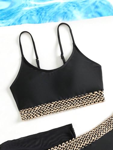 OYOANGLE Girl's 3 Piece Bikini Set Contrast Trim High Waist Swimsuit with Knot Side Beach Skirts Cover Up3