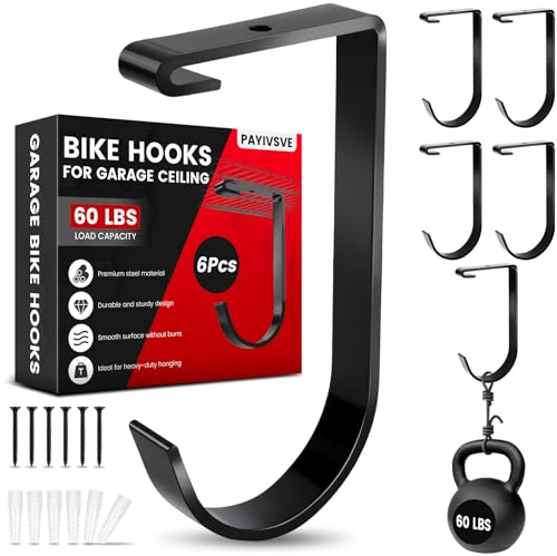 Payivsve Bike Hooks for Garage Ceiling Mount Rack Add on Storage Flat Hook Accessory Overhead Garage Hooks for Ceiling Rack and Wall Shelving(6 Pack)
