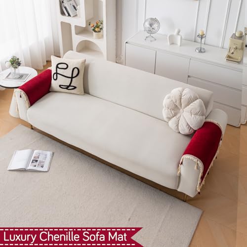 Image of HOKIPO 'Serenity Tassel' Chenille Sofa Arm Cover with Tassels - 1 Pair | Crimson Ruby (IN-893-MRN*2)