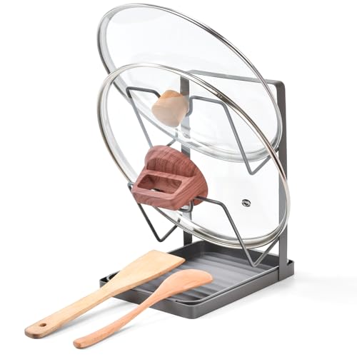 LTFIOON Organiseur de Couvercle de Casserole, Support Couvercle Casserole à 2 Niveaux avec Bac Récupérateur Amovible – Support en Acier Carbone Gain de...