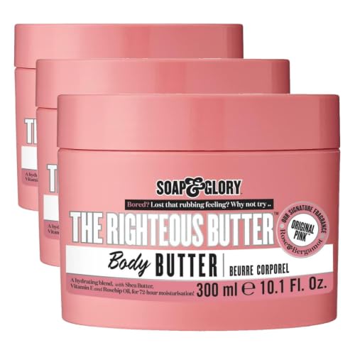 Image of Soap & Glory The Righteous Body Butter - Hydrating Body Moisturizer for Dry Skin with Shea Butter, Vitamin E & Aloe Vera - Rich Lotion for Women - Vegan & Cruelty Free (10.1 fl oz) (Pack of 3)