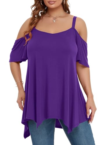 Image of LARACE Cold Shoulder Tops for Womens Summer Clothes Spaghetti Strape Tunic Oversized Shirts Asymmetrical Plus Size Blouse