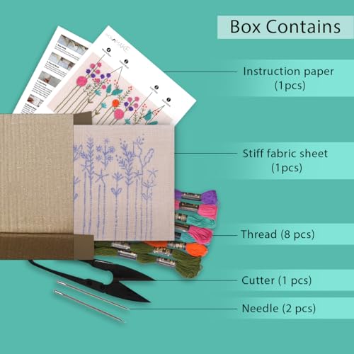 Image of picknMAKE Hoop-Free Needle Stitch Floral Symphony DIY Hand Embroidery Kit Set For Adults,Stiff Jute Fabric Art Craft Work,Printed Floral Design With Threads,Needles,Cutter & Instruction,Multicolor