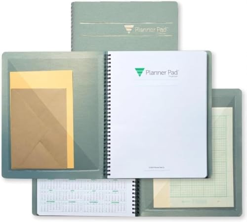 Planner Pad Spiral Bound October 2026 – September 2027, Greenish Grey Cover/Soft Green Ink, 6 3/4" x 8 1/2", Medium Organizer, Front and Back Insta Pockets Combo