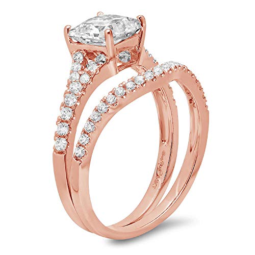 2.01Ct Princess Cut Pave Solitaire With Accent Genuine Moissanite & Simulated Diamond Engagement Promise Statement Anniversary Bridal Wedding Ring Band Set Curved 14K Rose Gold Size 6 #TOP1