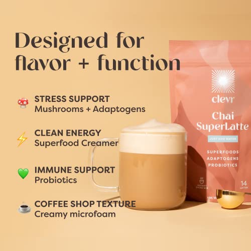 Clevr Blends Chai Tea Latte & Frother Bundle - Oat Milk Instant Superlatte Mix With Black Tea Organic Spices And Coconut Milk Superfood Creamer, Adaptogens, Reishi Mushrooms, Lion's Mane & Probiotics #TOP3