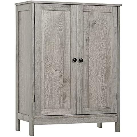 IWELL Storage Cabinet, Floor Storage Cabinet with 2 Adjustable Shelves & 2 Doors, Wooden Shoe Cabinet for Entryway, Office, Living Room, Gray Cover