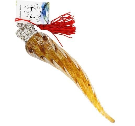 Róg na szczęście tuńczyk dmuchany bursztyn z czerwonym frędzlem, 20 cm