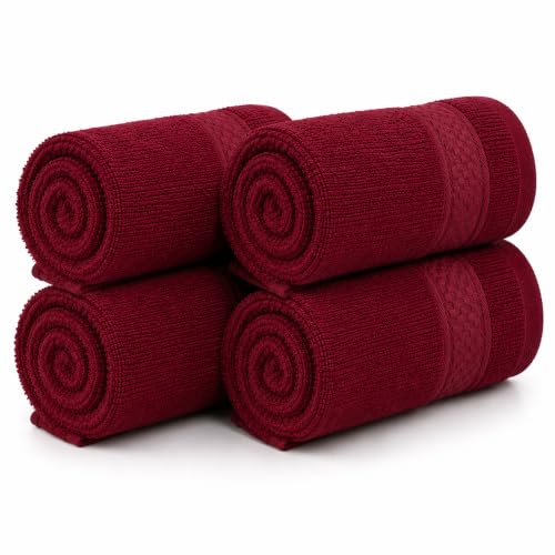 Image of TowelWala Hand Towel 550 GSM Soft Absorbent Quick Dry (Maroon, Pack of 4) | Premium 550 GSM cotton with woven border-quick drying and perfect for bathroom, kitchen, gym, and travel.