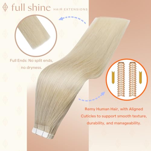 Image of Full Shine Human Hair Tape in Extensions, Ash Blonde 18 Inch | 50g 20PCS, Brazilian Straight Tape Ins Human Hair Extensions Invisible Seamless Natural Volume Thick End for Wedding