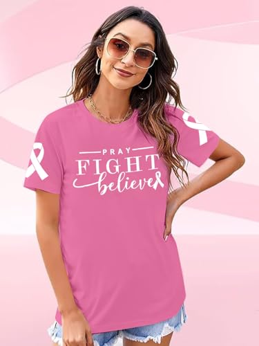 Breast Cancer Shirts for Women: Sequin Pink Ribbon Breast Cancer Awareness T-Shirt Pink Ribbon Care Short Sleeve Tee Top2
