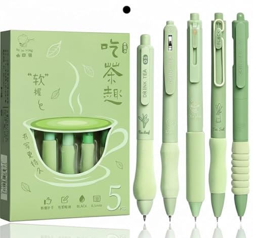 Image of COOFANDY 5 Pcs Cute Pens Bulk for Tea Lover Aesthetic Stationery Supplies Gel Ink Pens,0.5mm Gel Pens Retractable Quick, Black Ink Smooth Writing for School Office Supplies (Green tea)