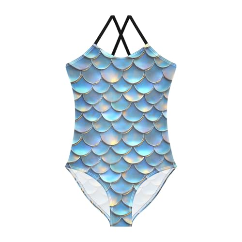 senya Girls Swimsuits One-Piece Swimwear Tie Bathing Suit Beach Summer Round Neck 9-10T Blue Scale Pattern