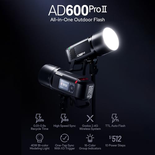 Ficha técnica Godox AD600Pro II Luz de Flash Todo en uno para Exteriores 600W 2.4G Speedlite inalámbrico TTL Flash automático 1/8000s HSS 0.01-0.09s Tiempo de Reciclaje con luz de Modelado de Dos Colores de 40W - Fernando Cortés