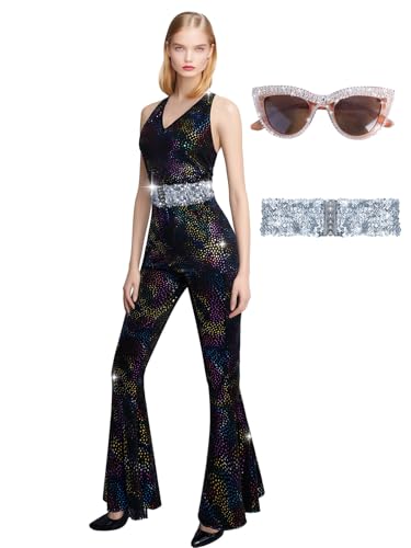 Treature 3Pcs Disco Outfit 70s 80s Disco Jumpsuit Costume with Sunglasses and Belt for Parties Halloween Cosplay (BLACK, L)