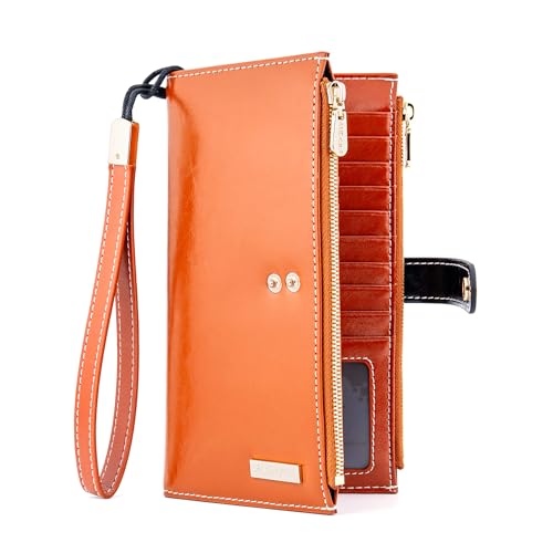 ANDOILT Women's Genuine Leather Wallet RFID Blocking Credit Card Holder Zipper Purse Cell Phone Handbag One Size B_Brown