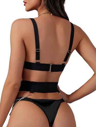 Image of Alrovetoney Sexy Lingerie Set For Women With Garter Belt 5 Pieces Strappy Bra and Panty Set Adjustable With Chain