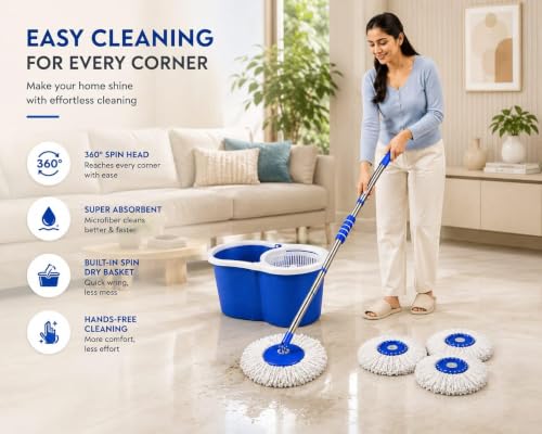 Image of Home Cleaning Mop Set with 4 Refill Heads | Spin Mop Set with Bucket & Stainless Steel Handle | 360 Wet & Dry Floor Cleaning Mop for Tiles, Marble, Wooden & Kitchen Floors