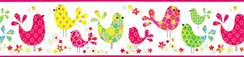 Dundee Deco Brazbd6359 Prepasted Wallpaper Border - Kids Pink, Green, Yellow, Blue Birds, Flowers Wall Border Retro Design, 15 Ft X 5.8 In (4.57M X 14.73Cm) #TOP1