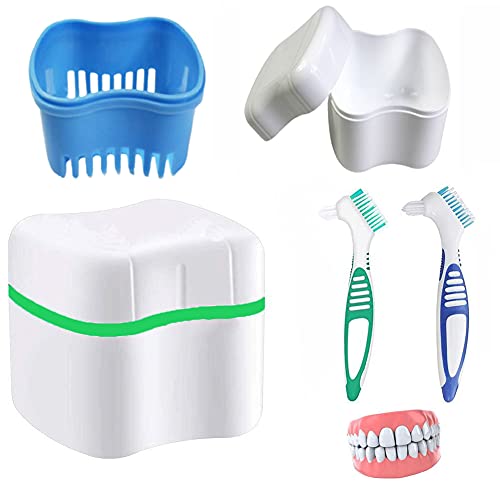 2 Packs Denture Bath Case Set, Denture Brush Retainer Case, Dentures Container with Basket Denture Holder for Travel, Overnight Soaking (Blue+Green)