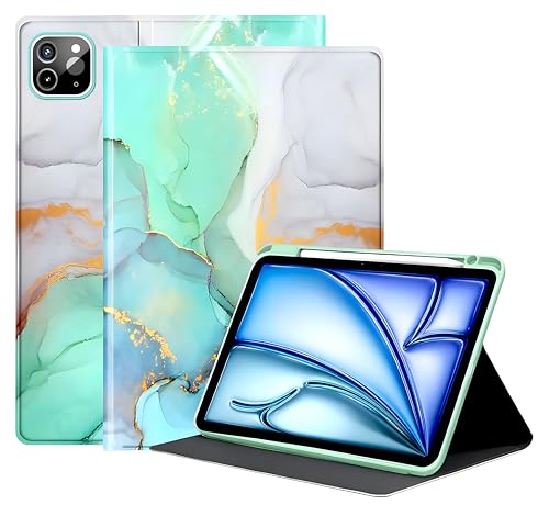 Image of ProElite Book Cover for iPad Air 11 M4 /M3 /M2 / Pro 11 4th /3rd Gen /Air 5th /4th Gen 10.9 inch Case, Smart Flip Book Cover for Air 11 / Pro 11 4 /3 Gen /Air 10.9 with Pencil Holder, Marble Green