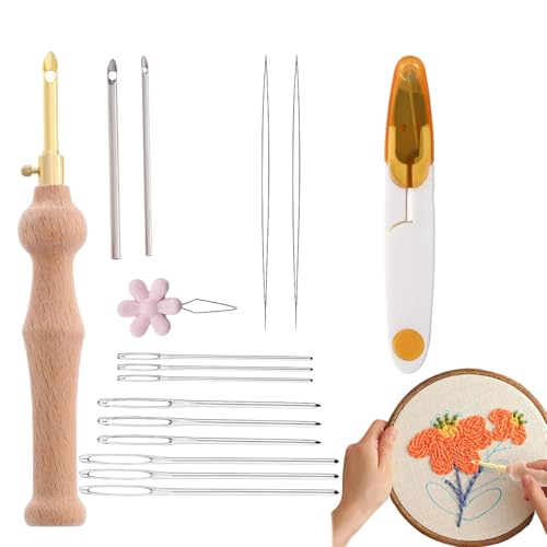 Aguja Mágica para Bordar   Kit de Agujas Perforadoras con Mango de Madera   Herramienta Ajustable para Bordado y Costura   Aguja Perforadora para DIY   Kit Completo