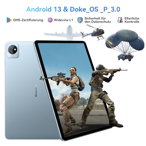Blackview Tablet 10 Zoll Android 13, 8GB RAM+64GB ROM(2TB TF), Quad-Core, Tab70 WiFi 6 Tablet, 6580mAh Akku, Dual-Kamera 5MP, Widevine L1/3.5mm Klinke/Google Play/Typ-C/BT 5.0 Tablet PC – Bild 3