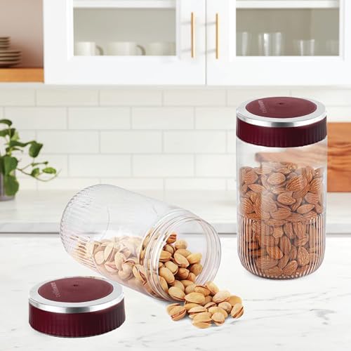 Image of CELLO Mint Storage Canister For Kitchen Set of 2, (1000 ml x 2), Maroon | Food Grade, Stackable, See Through |Nestable Storage Pet Container with Lid for Food, Pulses, Spice, Cereals, Cookies,Dry Food