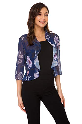 Women's Open Front Cropped Cardigan 3/4 Sleeve Casual Shrugs Jacket Draped Ruffles Lightweight Sweaters (Pattern3, X-Large) #TOP2