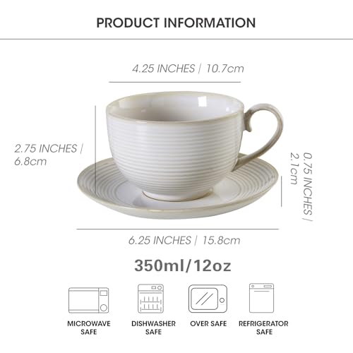 Feenmai 12Oz Coffee Cups with Saucers, Ceramic Espresso Cup Set of 4, Cappuccino Cups Set, Tea Mugs and Saucer, Microwave Dishwasher Safe Drinkware for Home, Cafe, Housewarming Gifts