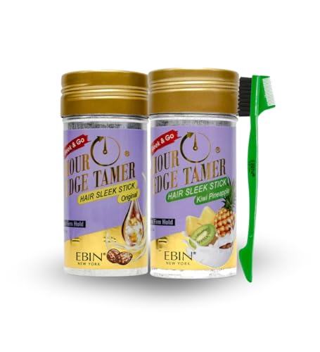 Hair Wax Stick – 24 Hour Edge Tamer Sleek Hair Wax Stick - Original (2.7oz) and Kiwi Pineapple (2.7oz) Bundle with 24hour Edge Tamer 3-IN-1 Brush & Comb – Smooth Sleek Styling Set – Gift Set (3 Items)