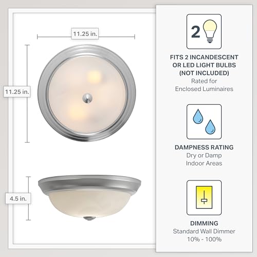 DESIGNERS FOUNTAIN 2-Light Flush Mount Ceiling Light, 11 Inch Lighting Fixture for Kitchen, Bedroom, Bathroom, and Hallway, White Alabaster Glass, Pewter, 1257S-PW-AL