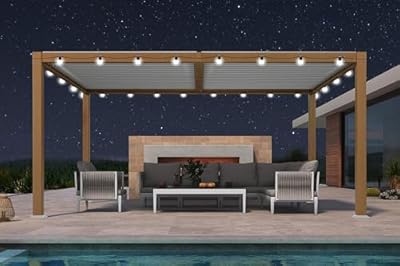 PURPLE LEAF Louvered Pergola 10' x 14' Outdoor Wood Grain Aluminum Pergola with 24 White LED String Lights Adjustable Roof Retractable Patio Rainproof Hardtop Gazebo for Deck Backyard Garden