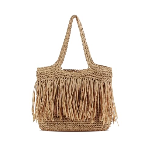 Bolso Tote playero de paja con flecos color marrón miniatura 1