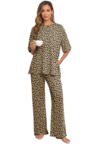 Image of PrinStory Womens Pajamas Sets 2 Piece Lounge Set Short Sleeve Tops and Long Pants Soft Pjs Loungewear with Pockets