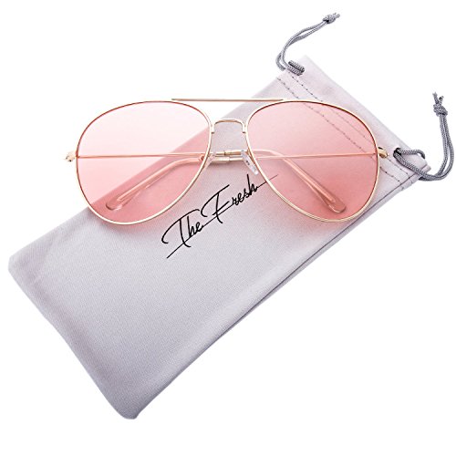 The Fresh Classic Metal Frame Light Color Lens XL Oversized Aviator Sunglasses with Gift Box (3-Glod, Pink)
