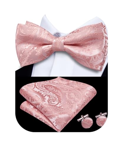 Image of Hi-Tie Blush Pink Pre-Tied Bowties for Men Silk Paisley Clip On Mens Bowtie Pocket Square Cufflinks Set for Wedding Party