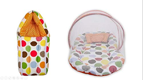 Image of by Urban Space 100% Cotton Baby Bedding Set with Mosquito Protective Net and with Pillow and Reversible Baby Sleeping Bag, Combo Baby Products (Polka Orange)