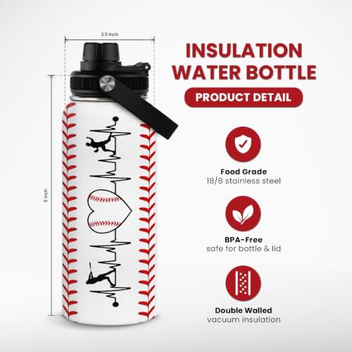 Image of SANDJEST Baseball Water Bottle 32oz Stainless Steel Insulated Bottle for Men, Women, Sports Lovers - Baseball Gifts for Birthday, Christmas