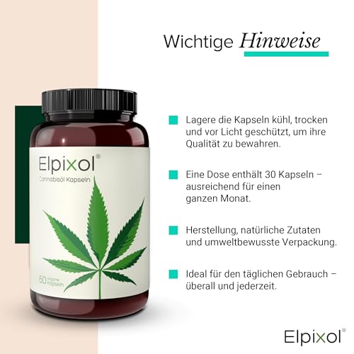 Elpixol® Hanföl Kapseln - Cannabisöl Kapseln hochdosiert mit Omega 3-6-9 (60 Stück) - 100% Hanfsamenöl Nativ und Kaltgepresst - 500mg veganes Cannabis Öl pro Kapsel - Laborgeprüft & Natürlich