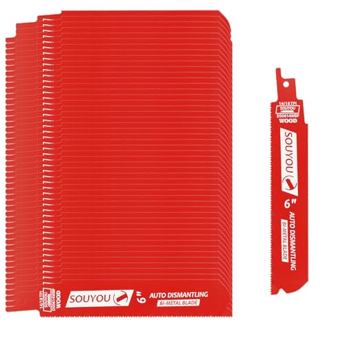 Souyou 50 Pack 6 Inch 14/18 TPI Bi-Metal Reciprocating Saw Blade Carbide Alloy Steel for Metal Steel Wood Cutting, Non-Stick Coated for Less Heat and Friction, for 1/16-5/16 Medium Metals