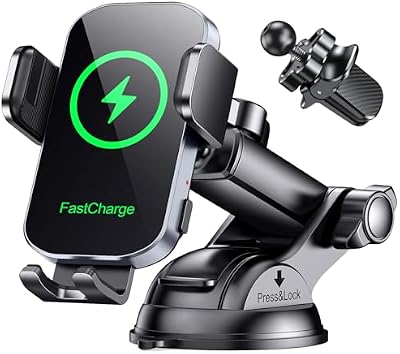 Glangeh Cargador Inalambrico Coche, Soporte Movil Coche Salpicadero con Sujeción Automática, Soporte Coche Movil de 15W para Ventilación de Parabrisas y Salpicadero, Compatible con iPhone etc 4.7-6.9"