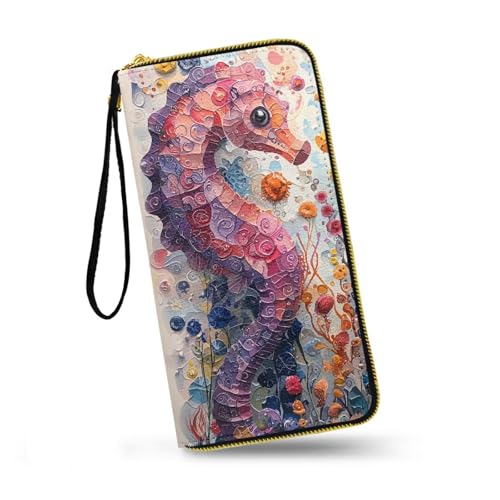 Watercolor Seahorse Print Women's Wallet Long Clutch Colorful Painting Ocean Creature Zip Around Travel Leather Purse, Ladies Credit Card Holder Wallet