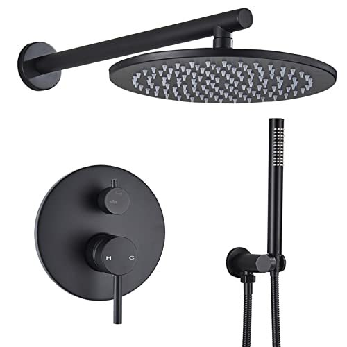 TYHAYJYK Juego de Grifo de Ducha Negro Mate, Mezclador de Ducha de Lluvia de latón, Cabezal de Ducha de Lluvia con Ducha de Mano, válvula mezcladora desviadora, Sistema de Ducha de Pared, 8