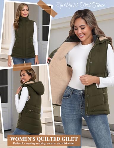 Tuopuda Steppweste Damen Kurz Winterweste Outdoor mit Taschen Gilet Übergangsweste Wintermäntel Pufferjacken Ärmellos Steppjacke Hooded Daunenweste Geschenk für Frauen, Armeegrün, XL