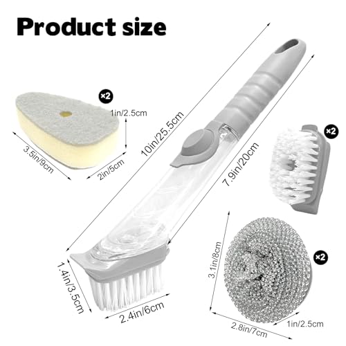 Image of Soap Dispensing Dish Brush, Soap Control Dishwand with 2 Sponge Heads 2 Replaceable Heads 2 Wire Ball Heads Handle Non-Scratch Brush Scrubber for Kitchen Dishes Pots Pans Sink Cleaning