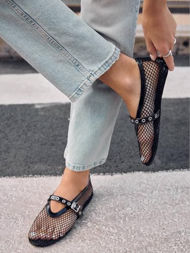Image of Coutgo Womens Mesh Ballet Flats Mary Jane Fishnet Ballerina Buckle Strap Comfortable Causal Dress Shoes