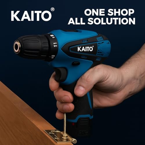 Image of KAITO 12V Cordless Drill Machine Kit | 2-Speed Electric Screwdriver Drill Set with Accessories | 10mm Keyless Chuck | 1500 RPM | Multi-Torque Clutch | 2 x 1.5Ah Batteries | For Home & Professional Use