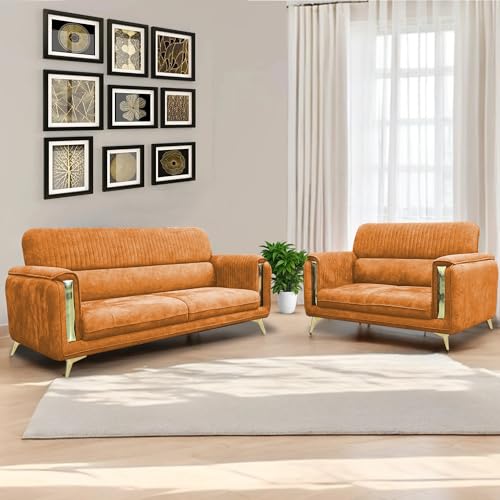 Image of Casaliving Gelio 3+2 Seater Sofa Set for Living Room (Orange Colour) Premium Fabric Sofa Set